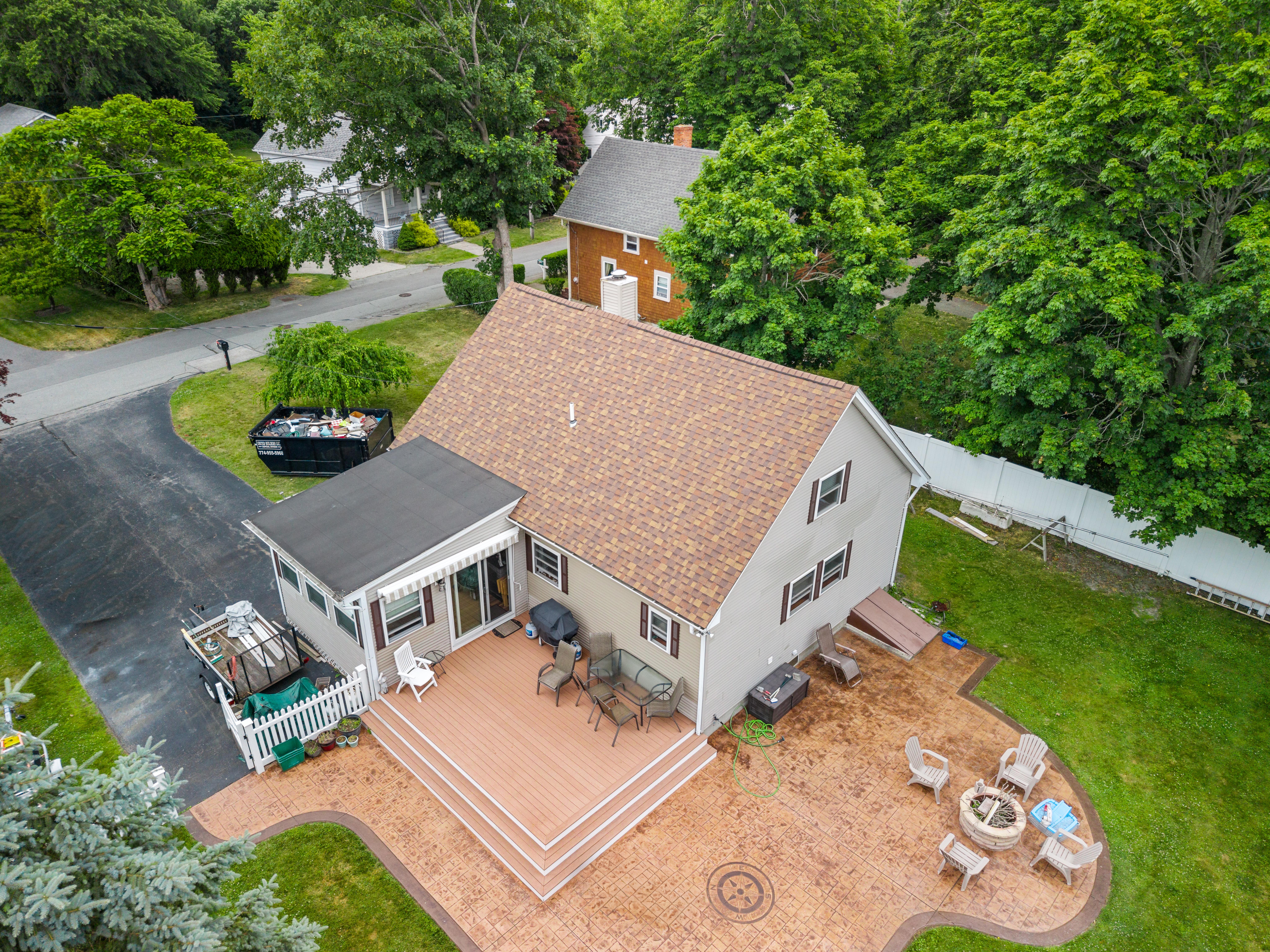 Aerial drone shot of completed roof Somerset MA